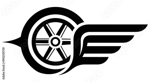 Modern black logo featuring stylized wing and wheel design symbolizing speed and innovation