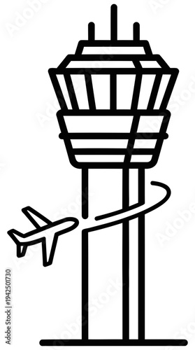 Simple black and white illustration of an airport control tower with an airplane approaching it in a minimalist design