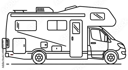 Modern motorhome side view illustration with sleek design and prominent features showcasing comfort and adventure for travelers and outdoor enthusiasts alike on the open road.