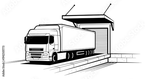 Large semi truck parked at loading dock with trailer attached ready for shipment or delivery at warehouse facility