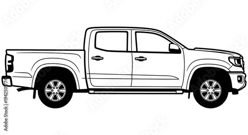 Simple black and white illustration of a pickup truck with a clean design and modern features including a double cab and four wheels