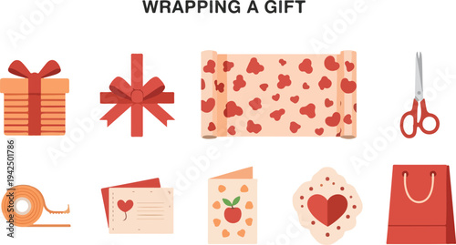 Illustration of gift wrapping elements Gift box bow paper roll scissors tape cards heart shape and bag