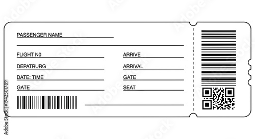 Blank airline boarding pass template with barcode and qr code for flight information