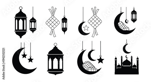 Black and white illustration of musical instruments and eid decorations