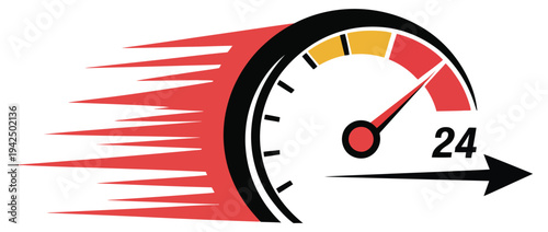 Speedometer, graphic featuring orange and yellow motion lines with 24-hour arrow, speed and performance concept, modern flat vector illustration for automotive, dashboard, apps, websites, and digital 