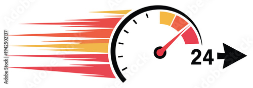 Speedometer, vector icon with motion lines in orange and yellow, 24-hour arrow indicator, representing speed, performance, and automotive monitoring, clean modern flat vector design