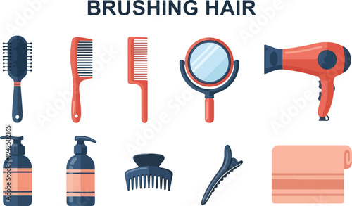 Illustration of hair care tools brush combs mirror hairdryer shampoo conditioner clips towel