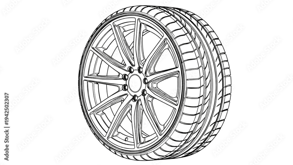 Fototapeta premium High Quality Black Line Art Car Wheel and Tire with Detailed Rim Structure and Radial Pattern Automotive Technical Illustration