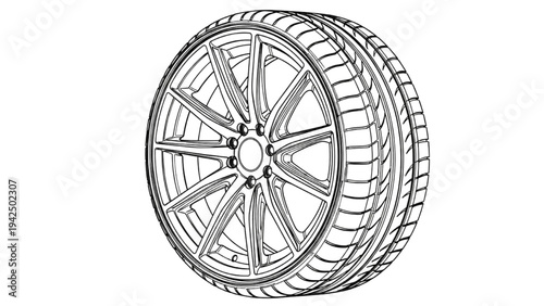 High Quality Black Line Art Car Wheel and Tire with Detailed Rim Structure and Radial Pattern Automotive Technical Illustration