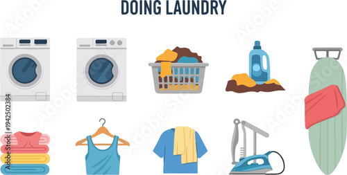 Illustration of laundry washing machines basket of clothes detergent ironing board folded clothes hanger shirt iron