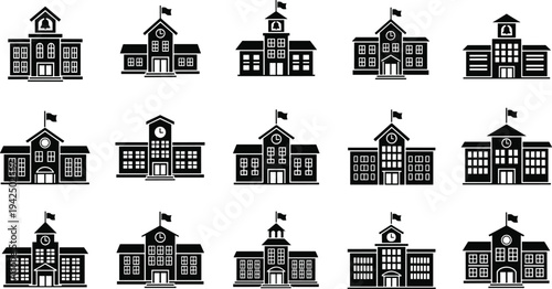 Set of Black School Building Vector Icons Featuring Academic Architecture Educational Institutions High Schools Universities Colleges Libraries and Primary Learning Centers.