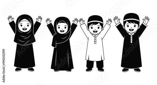 Four smiling children in traditional muslim attire with arms raised