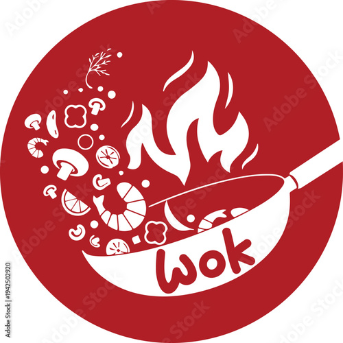 Illustration of a wok and shrimp and seasonings in it