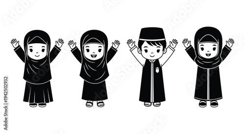 Four smiling children in traditional muslim attire with arms raised