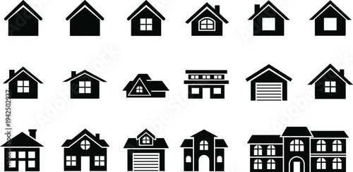 Set of Black Vector Icons of Houses Featuring Residential Architecture Suburban Homes Garages Cottages Mansions Real Estate Property and Buildings.