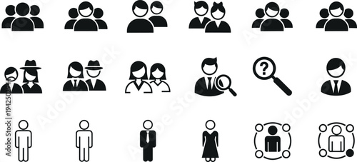 Set of Black Vector Icons of People Featuring User Profiles Human Silhouettes Corporate Team Avatars Business Groups and Individual Characters.
