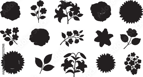 Set of 15 Black Silhouette Flower and Leaf Vector Icons for Nature, Floral, and Botanical Design Elements, Isolated on White Background