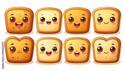 A set of eight cartoon bread slices with different happy faces on transparent background