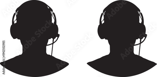 Set of 2 Black Silhouette Headset Icons Vector - Customer Service, Call Center, Support, Communication, Operator, Gamer Profile Avatars