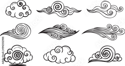 Set of 9 Hand-Drawn Traditional Asian Style Cloud Vector Illustrations for Cultural Designs, Web Graphics, and Decorative Elements