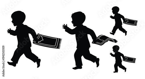 Silhouetted children running with rugs against a white background
