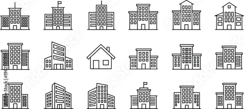 Set of building line icons featuring various architectural structures like office skyscrapers, modern apartments, commercial real estate, city houses, and corporate headquarters for urban design.