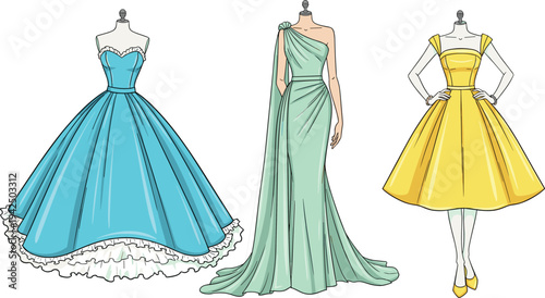 Elegant Women Dresses Collection on Mannequin with Evening Gown and Vintage Fashion Style Vector Illustration