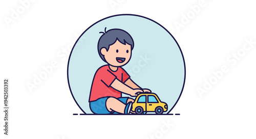 Cartoon boy playing with toy car.