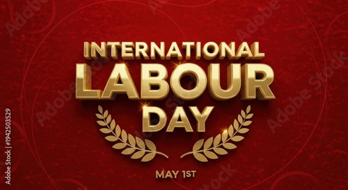 International Labour Day 3D golden text on a luxurious red background with a subtle floral pattern and golden laurel wreaths, celebrating May 1st