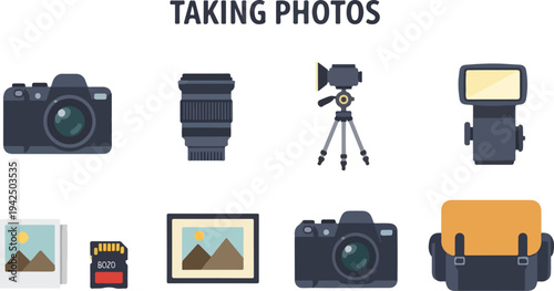 Illustration of photography equipment including a camera lens tripod and flash