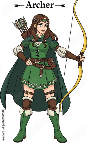 Female Archer Character Holding Bow and Arrows Fantasy Warrior Ranger Vector Illustration