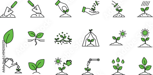 Set of green gardening icons featuring plant growth stages like seedling sprout, watering can, hand planting, garden shovel, greenhouse, and sun for eco agriculture design.