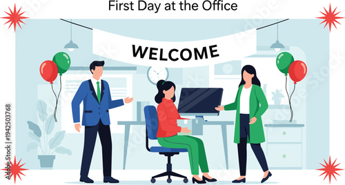 First Day at Office Welcome Scene with New Employee Introduction Workplace Vector Illustration