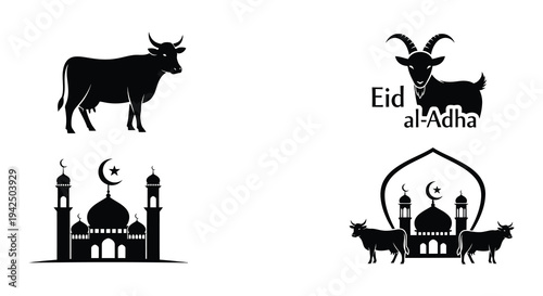 Eid al Adha illustration featuring animals and mosque silhouettes