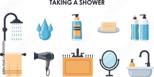 Illustration of shower items including a shower head water droplets shampoo soap bottles towel hairdryer sink mirror and a small tub