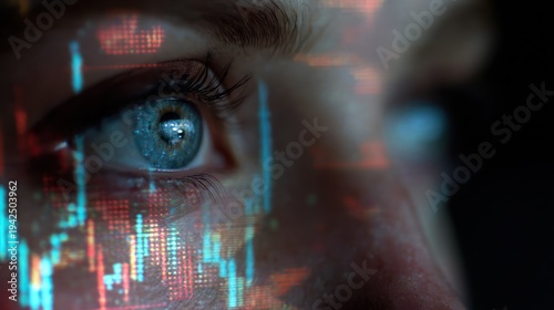 Close up of a human eye with overlaid financial data charts and graphs