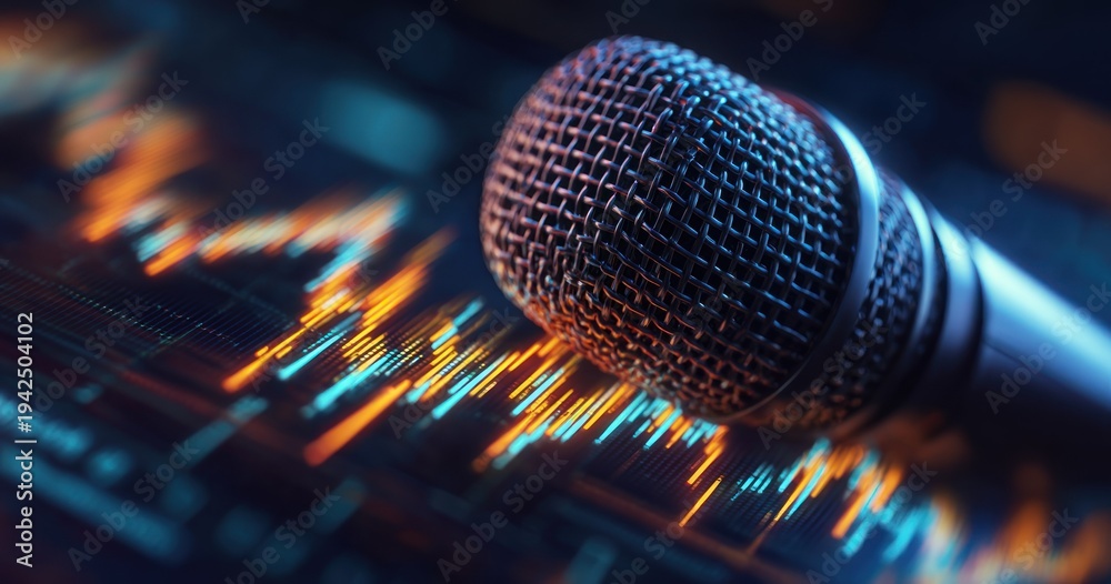 Obraz premium Close up of a microphone over a digital graph for music and finance