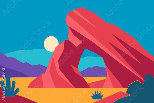 beautiful golden hour rock landscape in the desert landscape nature view background flat color vector illustration template design