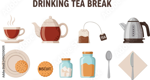 Illustration of tea break items cup teapot teabag kettle plate biscuit sugar honey spoon knife napkin