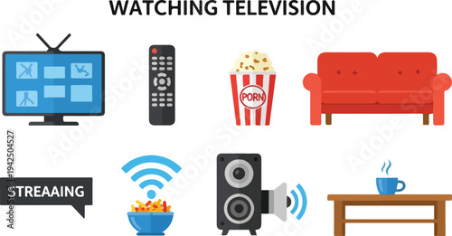 Illustration of TV watching Shows TV remote popcorn sofa streaming sign WiFi speaker  table with mug