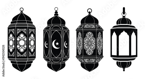 Four ornate black and white islamic lanterns displayed in a row