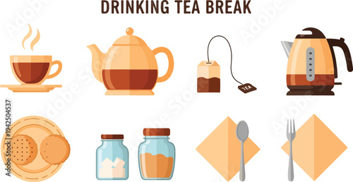 Illustration of tea break items cup teapot tea bag kettle cookies sugar spoon fork