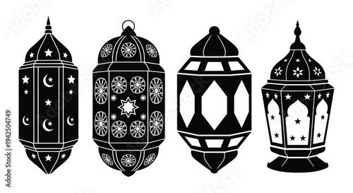 Four ornate black and white islamic lanterns displayed in a row