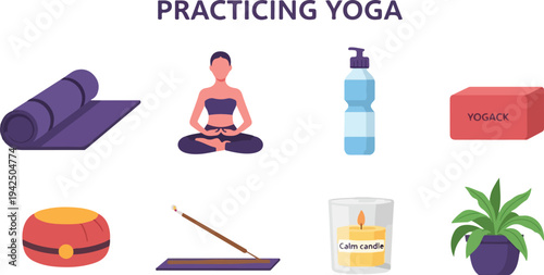 Illustration of yoga practice including a mat person in lotus pose water bottle block singing bowl incense candle and a potted plant