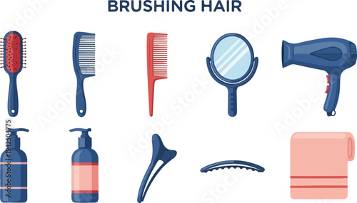 Illustration of various hair care tools Includes brush comb mirror dryer bottles clip and towel
