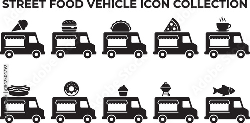 Collection of Black and White Street Food Truck Icons for Various Culinary Offerings and Services