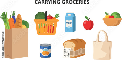 Illustration showcasing various groceries produce in a bag and basket carton of milk apple bowl of produce can loaf of bread and a tote bag