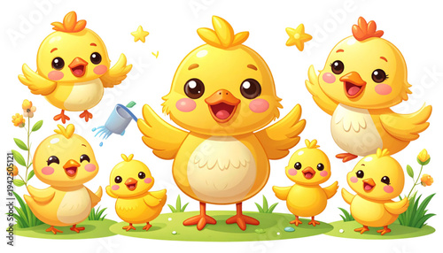 A colorful illustration of happy cartoon chicks on transparent background
