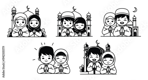Adorable cartoon muslim children with prayer hands and mosque illustrations