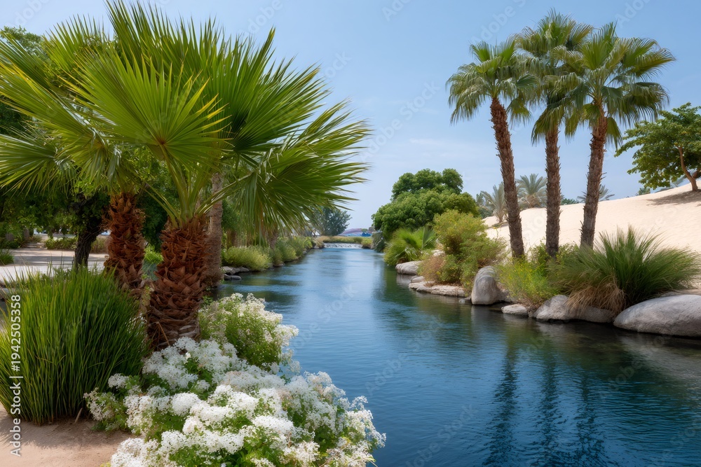 Obraz premium Desert oasis ecosystem featuring flowing river and palm trees